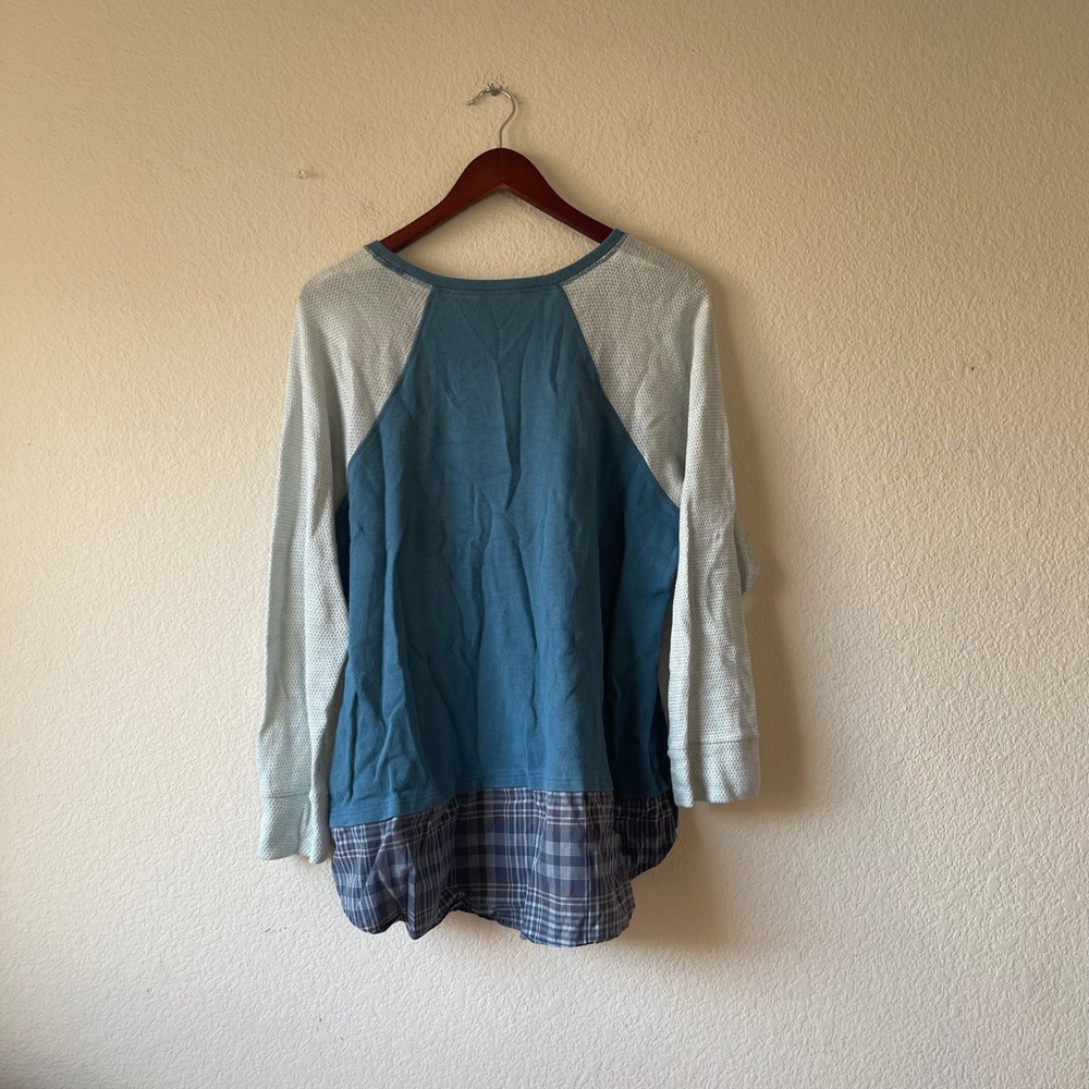 Soft Surroundings Mixed Media Plaid Hem Knit Top Teal Blue 1X - Picture 2 of 6